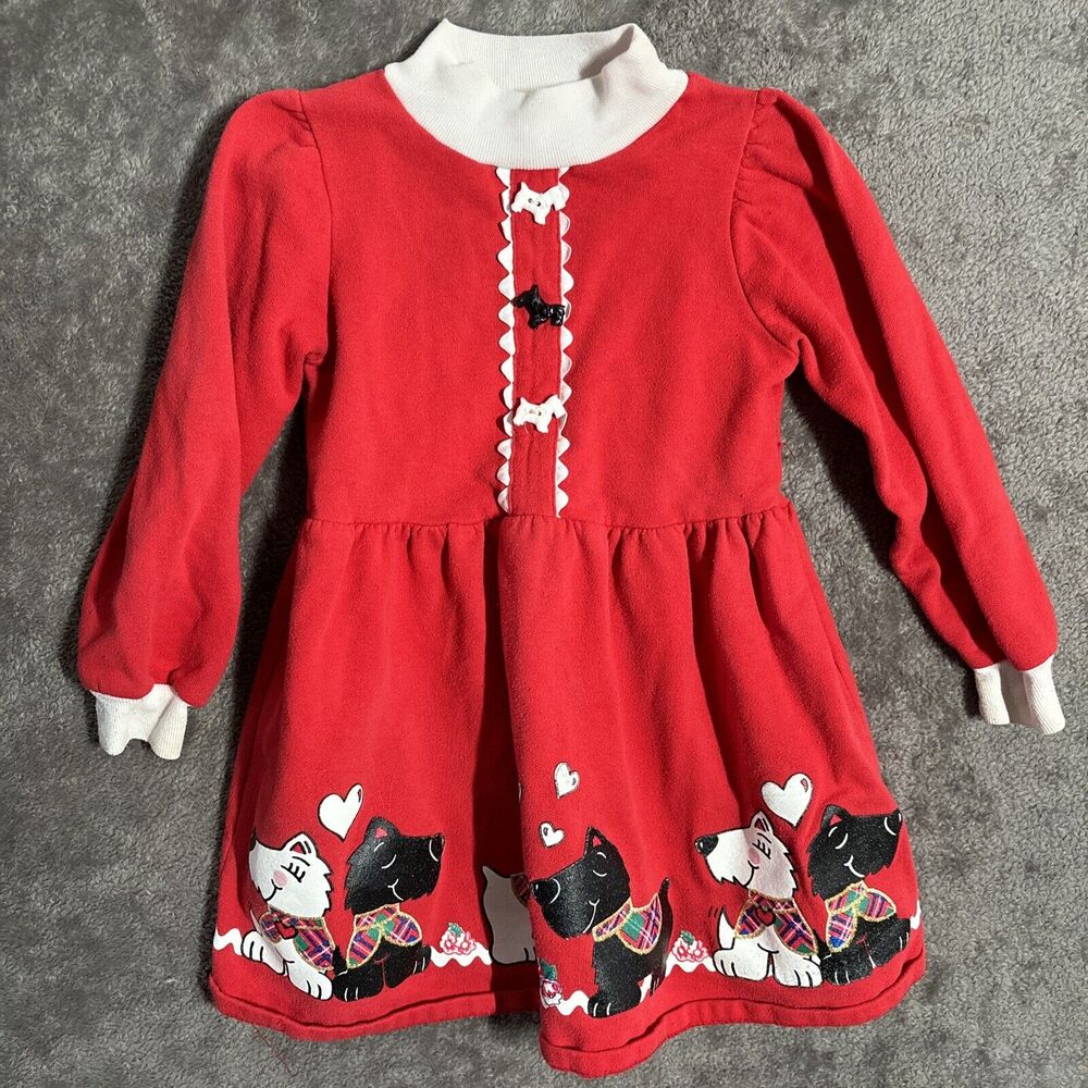 Playclothes Christmas Dress Girls Size 5 Scottie Dogs Red Vintage Made In USA